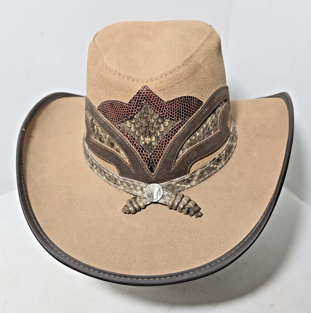 Head N' Home Storm Brown Suede Cowboy Hat Snakeskin Lizard Rattler Made USA M/L